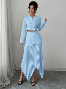 Elenzga 2pcs Elegant Women Suit Set: Blazer With Lapel Collar & Cinched Waist Waist, Top With Asymmetrical Pleated Hem Skirt - Baby Blue - View 5
