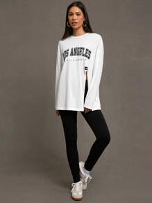 SHEIN Essnce Women Knitted Loose T-Shirt & Skinny Leggings Two-Piece Set - Black and White - View 5