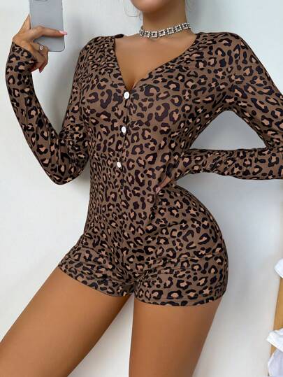 Pijama de una pieza de manga larga con estampado de leopardo ajustado, detalles cómodos y elegantes, para otoño e invierno