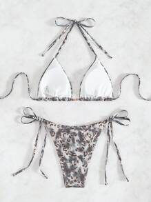 2 件套夏季假期豹纹金箔面料吊带三角文胸和系带侧泳裤性感比基尼泳装套装