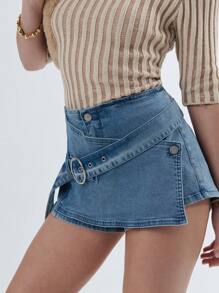 SHEIN Unity 酷炫牛仔不对称裹身迷你裙，配腰带 - 藍色 - 查看 1