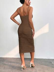 SHEIN PETITE Women Solid Color Spaghetti Strap Split Textured Bodycon Dress