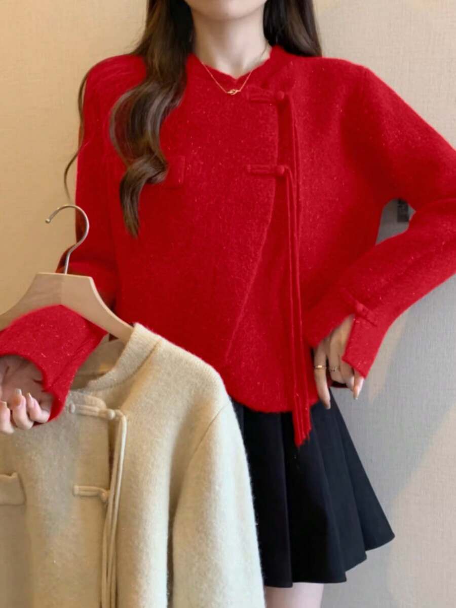 Chiquease Women's Solid Color Front Button Long Sleeve Casual Red Cardigan For New Year Fall Cloth For Women - Red - View 1