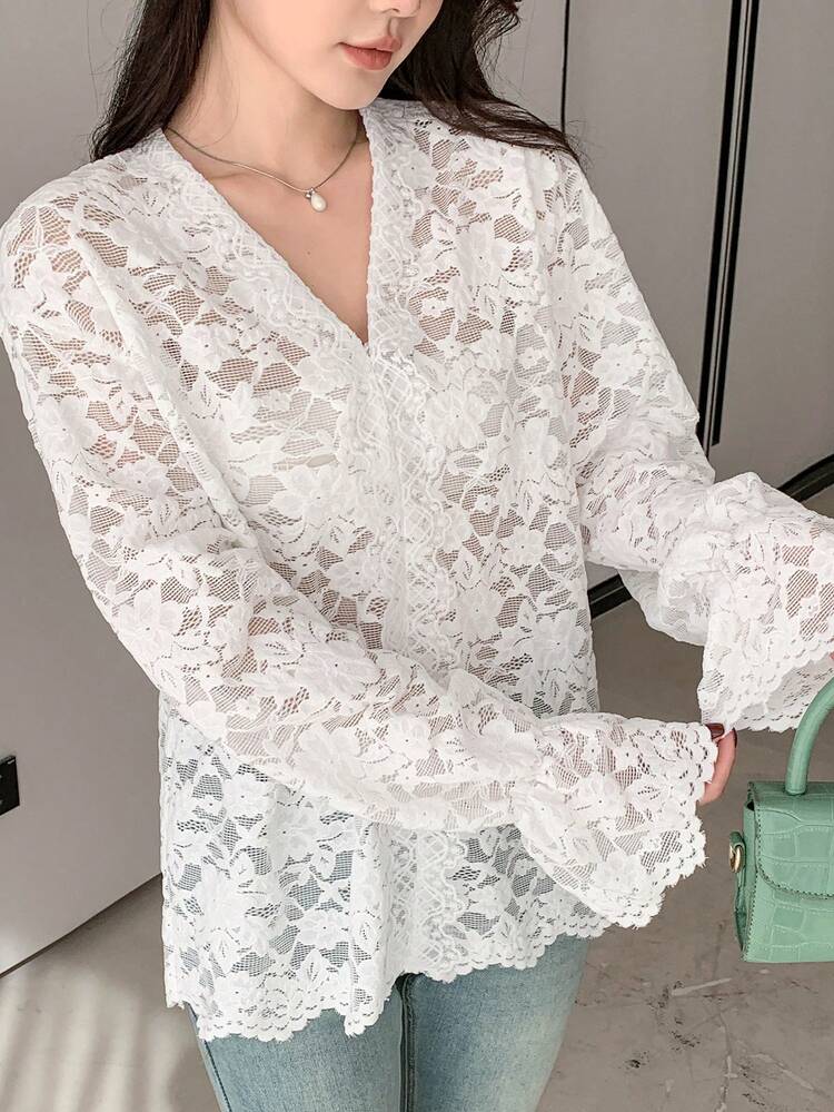 Vacation Casual Spring/Summer Lace V-Neck Loose Long Sleeve Blouse For Women,Fall Clothes