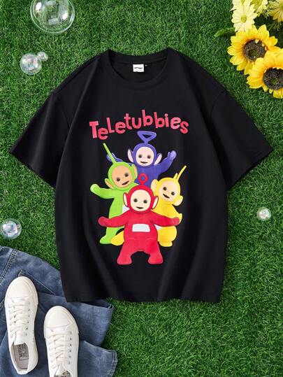 Teletubbies X SHEIN Men's Casual Loose Cartoon Character Printed Black Short Sleeve T-Shirt