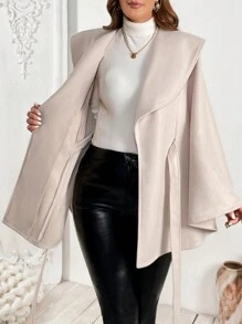 Celure Plus Size Elegant Loose Waisted Hooded Poncho Coat - Apricot - View 3