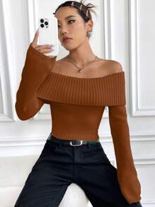 Flirla Top casual de manga larga y hombros descubiertos de un solo color para uso diario de la mujer