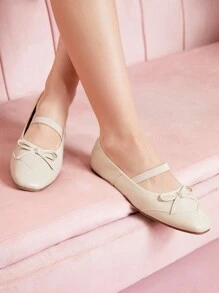 CUCCOO DOLLMOD Giày Mary Jane mũi vuông thoải mái có trang trí nơ nhăn, giày bệt thanh lịch cổ điển dễ thương thời trang cho phụ nữ ngày lễ tình nhân - Màu be - Xem 4