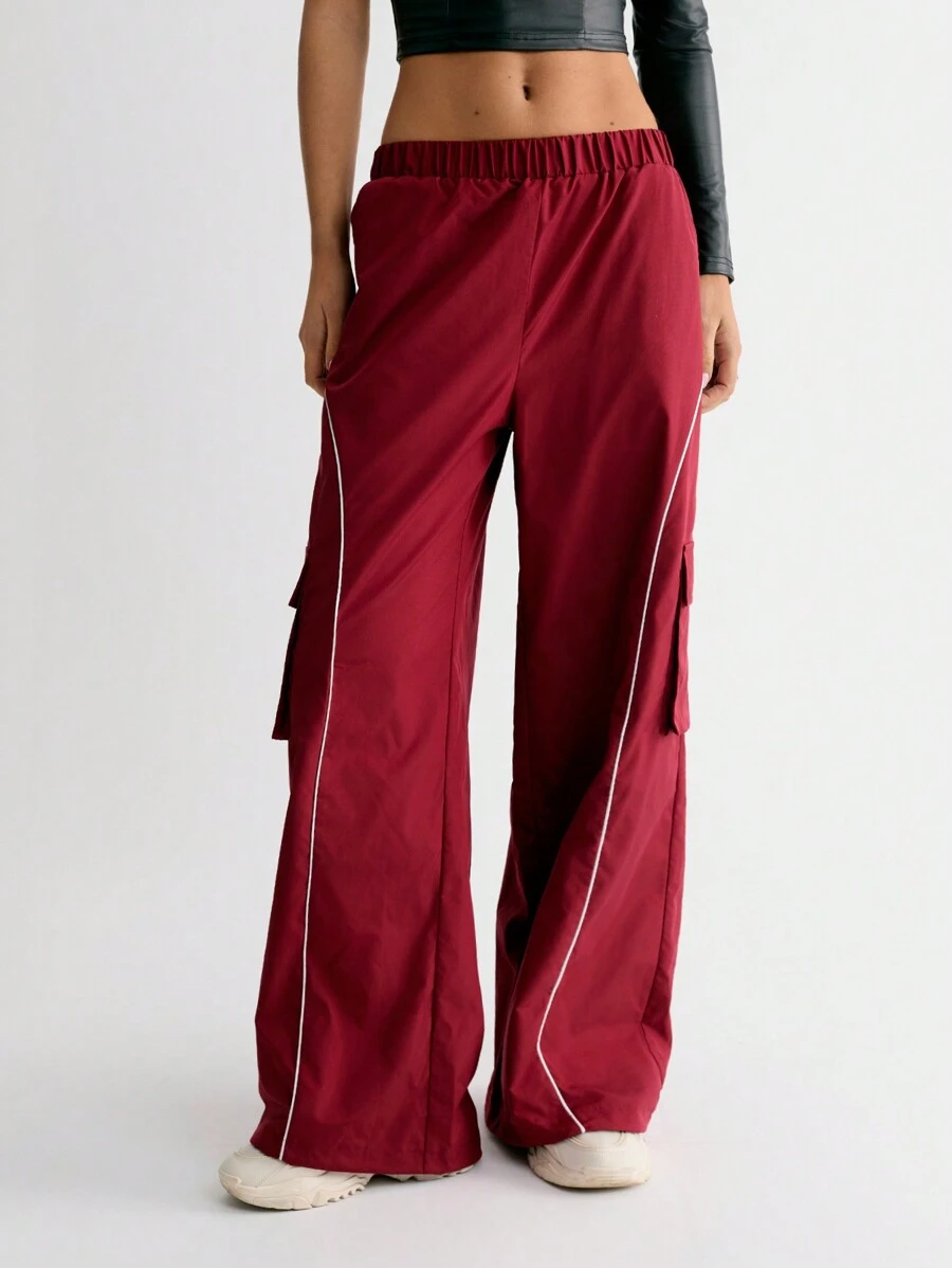 StreetHx Quần ống rộng có dây rút túi hộp bên hông màu sắc cho nữ - Màu Đỏ Sâu - Xem 1