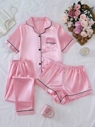3 件套女童套装 - 淡粉色休闲斜纹长裤、短裤和短袖领口上衣、家居服