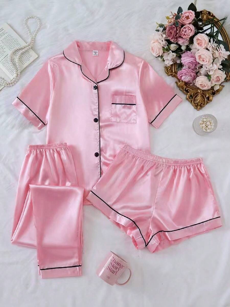 3 件套女童套装 - 淡粉色休闲斜纹长裤、短裤和短袖领口上衣、家居服 - 彩色 - 查看 1