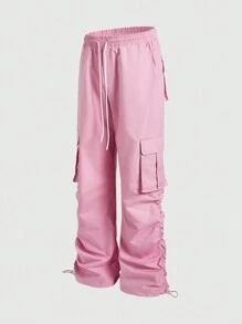 ROMWE MEN ROMWE Avant Men's Avant Pink Baggy Loose Drawstring Waist Casual Cargo Pants