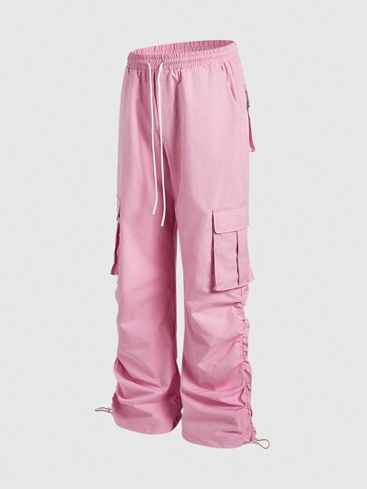 ROMWE Avant Men's Avant Pink Baggy Loose Drawstring Waist Casual Cargo Pants