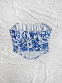 Soleia Women's Vacation Style Blue & White Watercolor Floral Print Stretch Fabric Cropped Tube Top, Versatile For Graduation, Wedding, Date, Valentine's Day Party - Blue and White - View 2