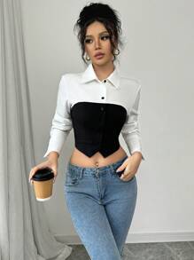 SHEIN Unity Colorblock Short Women's Shirt, Black And White Contrast Shirt - Black and White - View 6