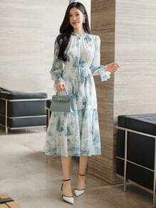 DAZY Vestido de manga abullonada de longitud media con estampado floral elegante de gasa para mujeres, vestido de primavera y otoño de manga larga