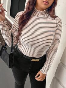 SHEIN LUNE Plus Size Casual Stripe Stand Collar Long Sleeve T-Shirt, Autumn/Winter, Office Wear, Long Sleeve Tops,Turtle Neck Long Sleeve