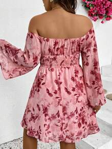 SHEIN VCAY Plus Size Pink Off-Shoulder Printed Dress For Women,Bell Sleeve Boho Autumn Holiday Vacation Spring Clothes, Date Night Valentine's Day Outfit - Multicolor - View 2