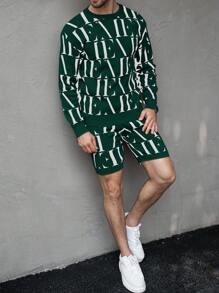 Manfinity Homme Men's Round Neck Long Sleeve Minimalist Pattern Detail Top And Shorts Set - Dark Green - View 3