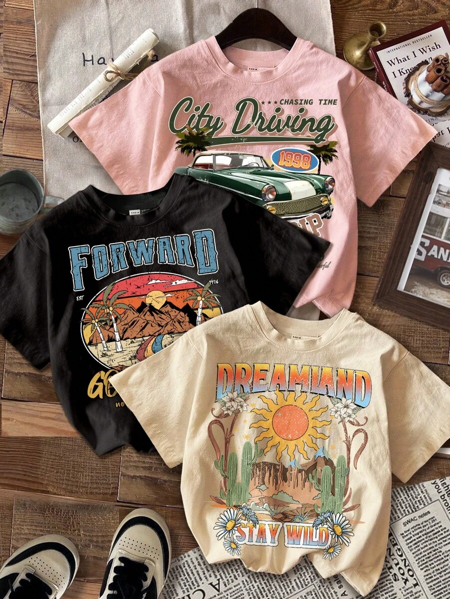 SHEIN Vintage, Preppy, Tween Girls Casual Americana Landscape Graphic T