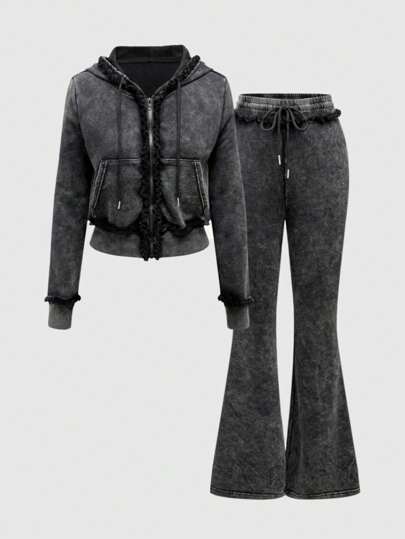 Grunge Punk 2 pièces Ensemble de tenue décontractée pour femmes, style vintage punk avec fermeture éclair usée