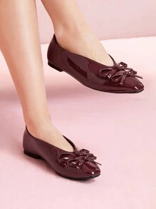 CUCCOO DOLLMOD WOMEN FLAT SMALL SQUARE TOE BOWKNOT DECOR MIRROR BURGUNDY VINTAGE STYLE MARY JANE SHOES Valentines - Burgundy - View 5