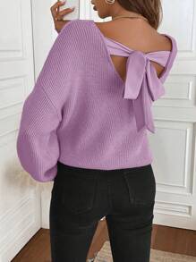 SHEIN LUNE Suéter de mujer de cuello redondo, manga larga, con decoración de moño, estilo vintage francés, para otoño/invierno
