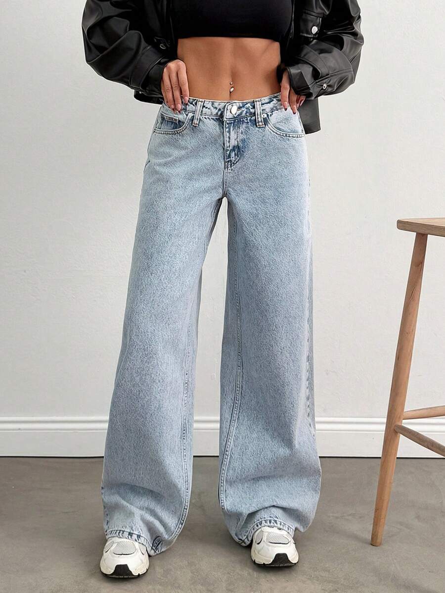 EURMUSE Low Waist Wash Detailed Wideleg Jean - Medium Wash - View 1