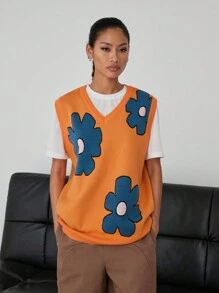 Manfinity Unisex Unisex kwiatowy wzór bezrękawnik z dekoltem w serek, dzianinowy, odpowiedni do noszenia na ulicy, jesień/zima
