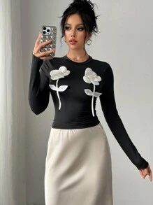 SHEIN Unity 拼色圆领荷叶边装饰长袖修身 T 恤 - 黑色 - 查看 3