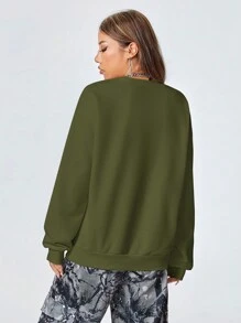 SHEIN EZwear 女式 Y2K 街头休闲图案宽松套头衫 - 軍綠色 - 查看 7
