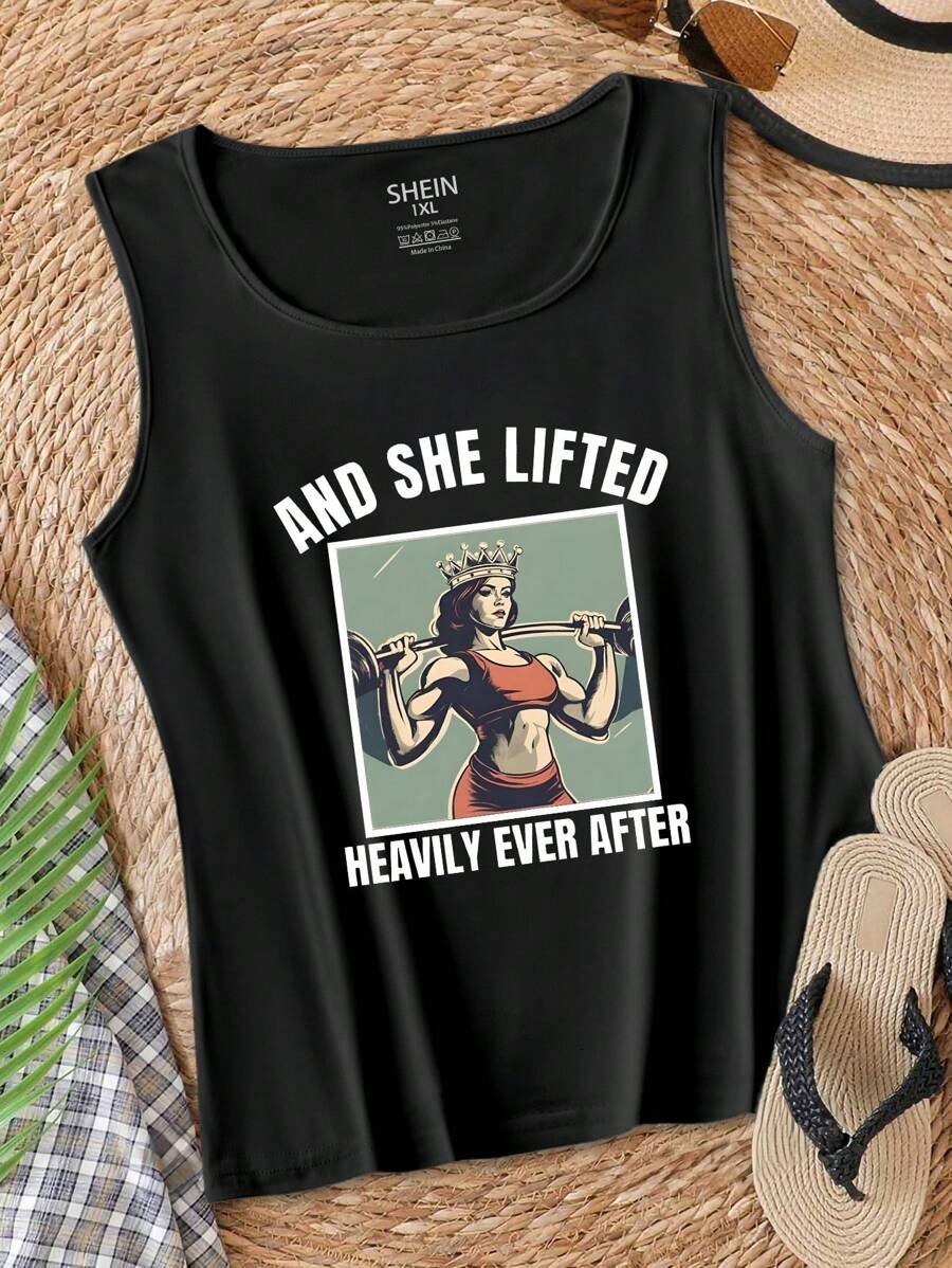 Calvaya Plus Size Women's Sleeveless Tank Top, Casual Liberty Statue & Letter Print, Summer - Black - View 1