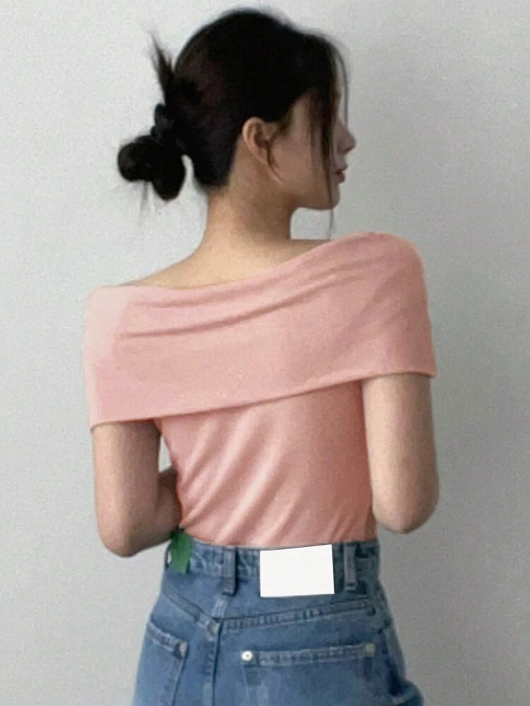 Women's Off Shoulder Short Sleeve T-Shirt With Turndown Collar, Spring/Summer