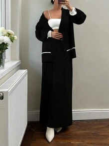 EURMUSE 2 件套女士撞色长袖开衫和百褶长裙休闲装，秋冬 - 黑色 - 查看 1