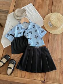 SHEIN Leap Crew 女婴夏季可爱蝴蝶印花衬衫、吊带背心和针织裙 3 件套春季服装套装、度假装