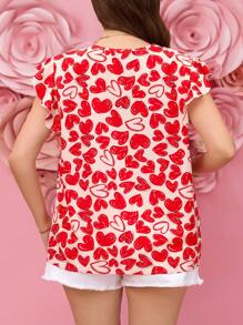 SHEIN LUNE Blusa casual romántica de manga corta con cuello en V y estampado de corazón para mujeres de talla grande en el Día de San Valentín, blusa de cumpleaños para mujer para el verano