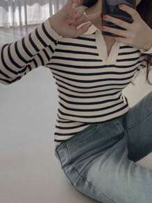 DAZY Women Half-Zip Up Striped Fitted Sweater Fall - Black and White - View 7