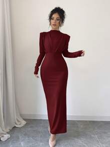 Firerie Women's Gathered Shoulder Pad Long Sleeve Dress