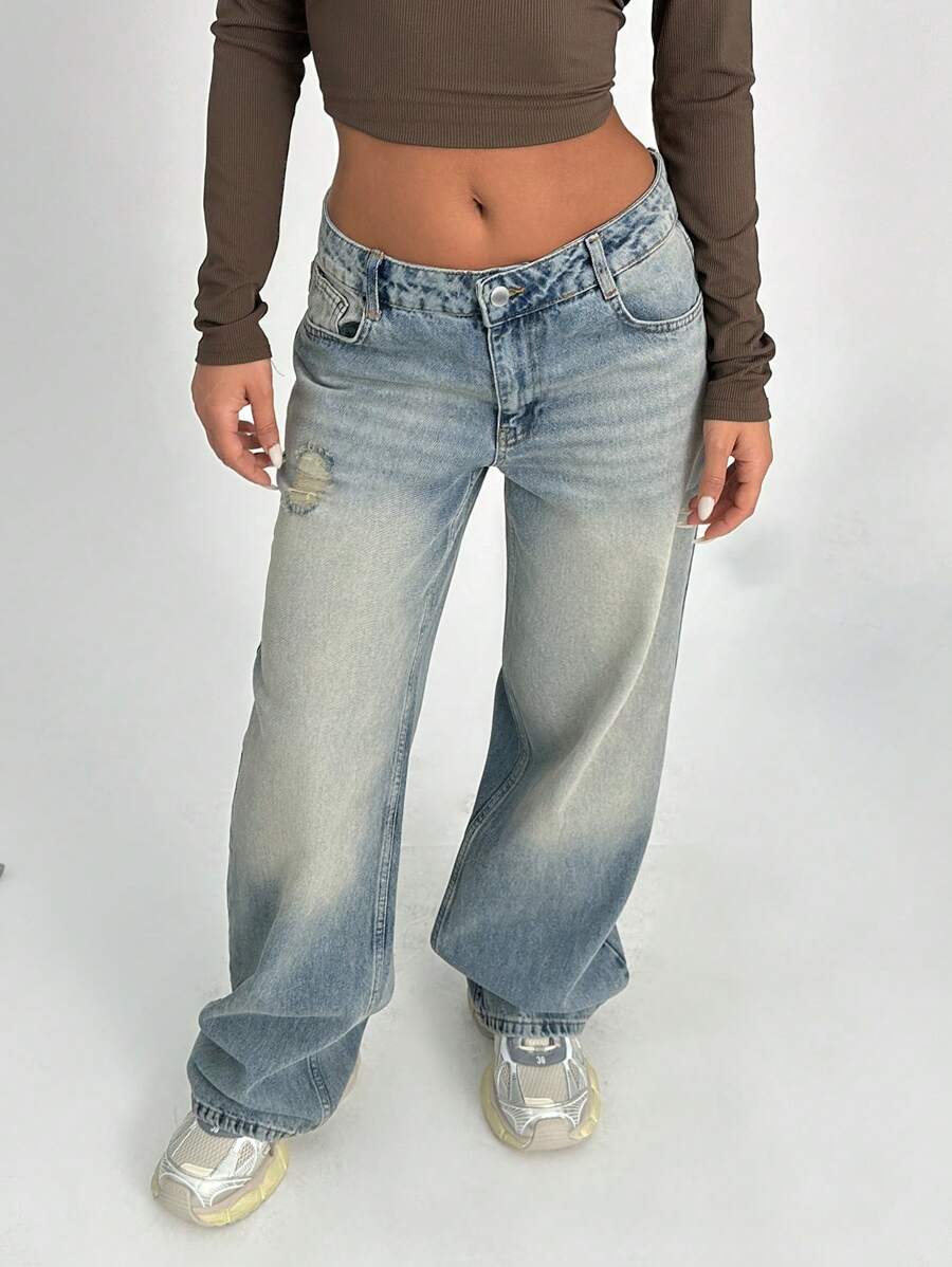 EURMUSE Casual Distressed Loose Straight-Leg Jeans - Light Wash - View 1