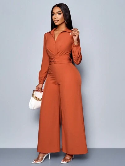 SOLERSUN 女士纯色翻领长袖阔腿优雅性感通勤商务休闲连体裤多种穿法刺绣棕色