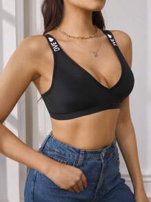 女士字母与心形提花舒适休闲文胸 - 黑色 - 查看 4