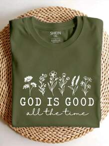 EMERY ROSE Camiseta de manga corta con estampado de flores silvestres y cuello redondo para mujer de talla grande, "Dios es siempre bueno", para el verano