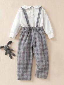 SHEIN Young Boy Long Sleeve Checkered Shirt & Adjustable Suspenders Pants Set,Gentleman Birthday Party Wedding,Traditional Summer Outfit,Bowknot Collar - Multicolor - View 2