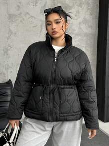 SHEIN EZwear Plus Size Thick Quilted Padded Coat With Drawstring Waist, Slim Fit, Autumn/Winter - Black - View 3