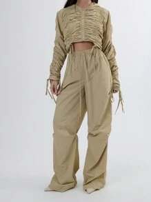 TypaGal Solid Nylon Oversized Pleated Leg Cargo Pants With Elastic Drawstring Waistband - Khaki - View 5