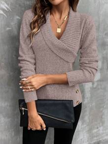 SHEIN LUNE Women's V-Neck Long Sleeve Button Design Simple Sweater, Casual Daily Wear