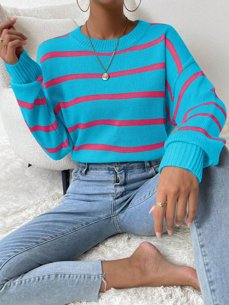 SHEIN LUNE pull à col rond à rayures, manches longues. Décontracté et pour le port quotidien. Tricot pull automne hiver