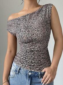 Chiquease Women's Leopard Print Oblique Shoulder Casual Bodysuit, Slim Fit
