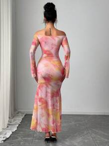 Firerie Vestido maxi elegante y romántico, único para el Día de San Valentín, con hombros descubiertos, mangas de campana, estampado de teñido anudado en degradado rosa, efecto encaje y cintura ajustada con abertura lateral, para una cita sofisticada