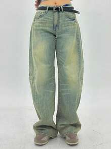 DAZY Quần Jeans Ống Thẳng Rộng, Co Giãn, Đã Giặt Cho Nữ, Quần Jeans Rộng, Quần Jeans Rộng Cho Mọi Mùa - Rửa nhẹ - Xem 4